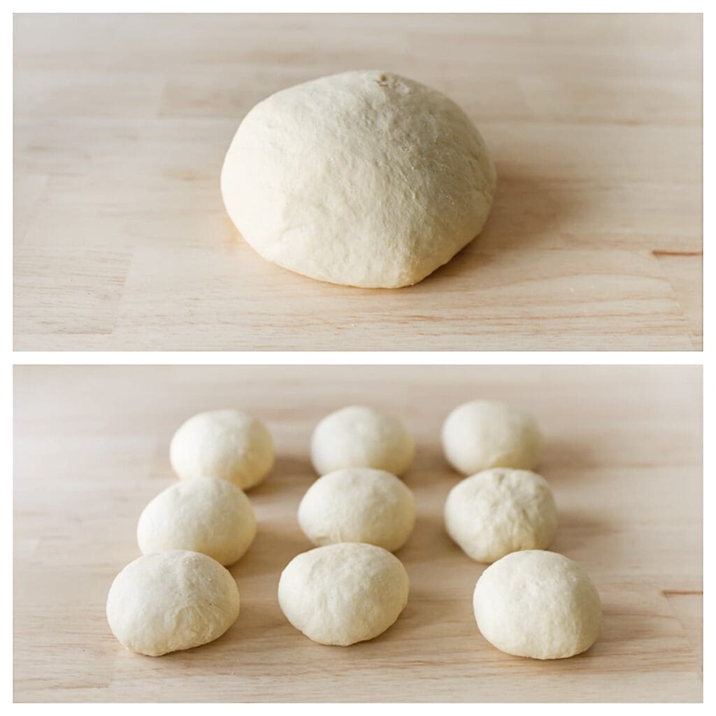 Druk de lucht uit het deeg en verdeel het in 9 gelijke stukken van ongeveer 90 gram. Vorm tot bollen.