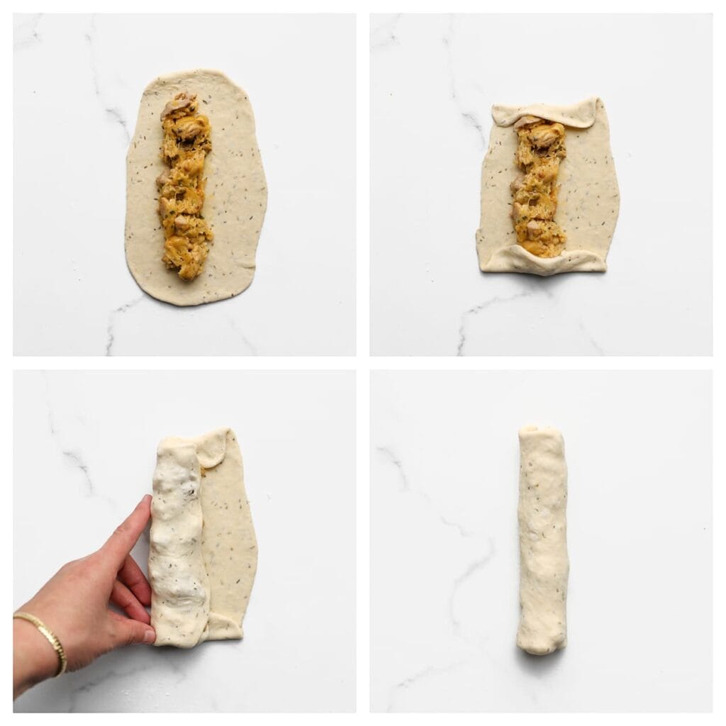 Leg in het midden een rij van het kipmengsel. Vouw de boven- en onderkant van het deeg iets naar binnen over de vulling. Pak &eacute;&eacute;n zijkant en vouw het deeg over de vulling heen. Rol verder op tot een strak pakketje en druk de randen goed dicht.