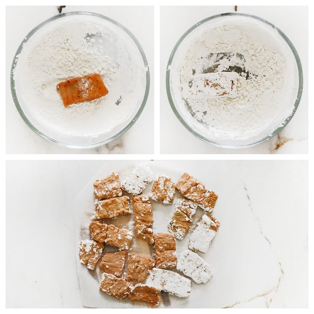 Haal de gemarineerde kabeljauwstukken volledig door het maïzenamengsel en leg ze op een vel bakpapier.