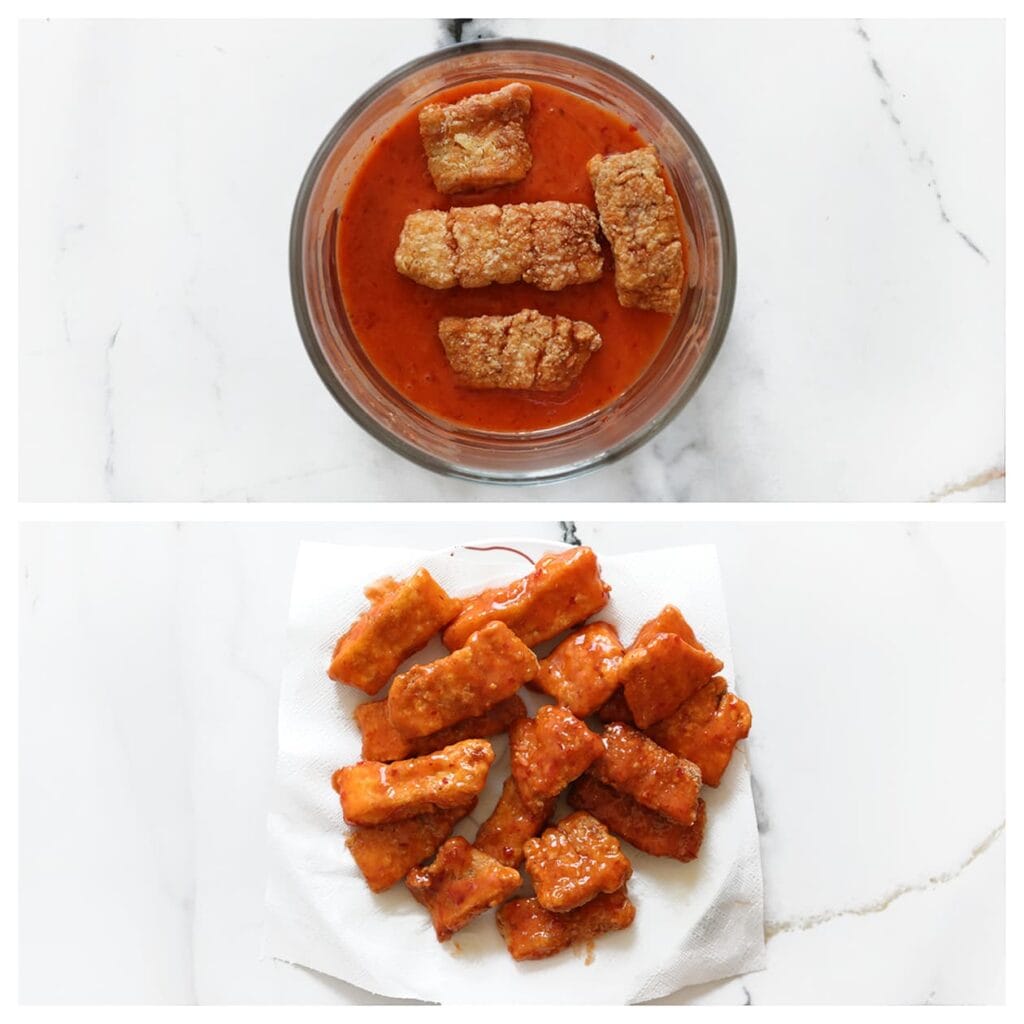 Haal de gefrituurde kabeljauwstukken door de saus, zodat ze goed bedekt zijn.