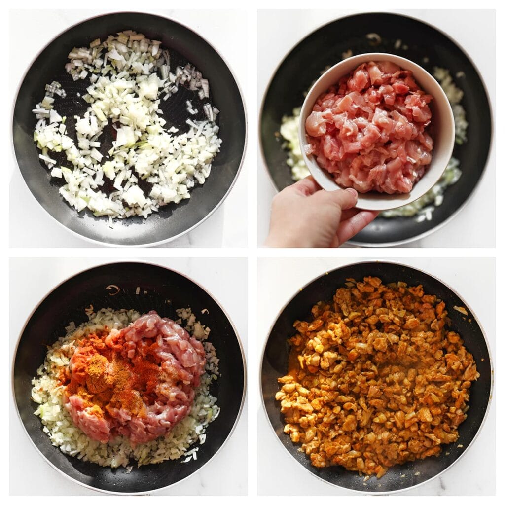 Verhit de olijfolie in een koekenpan op middelhoog vuur. Voeg de gesnipperde gele ui toe en bak 3-4 minuten. Voeg de fijngesneden kippendijen, ras el hanout, kurkuma, cayennepeper, knoflookpoeder en het zout toe. Bak 6-7 minuten, tot de kip gaar is.