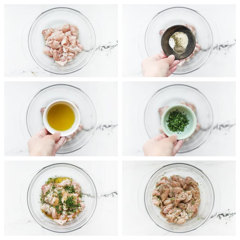 Was en snijd de kippendijen in stukken en doe ze in een kom. Voeg het zout, knoflookpoeder, zwarte peper, Italiaanse kruiden, fijngehakte peterselie en olijfolie toe. Meng goed en laat even intrekken.