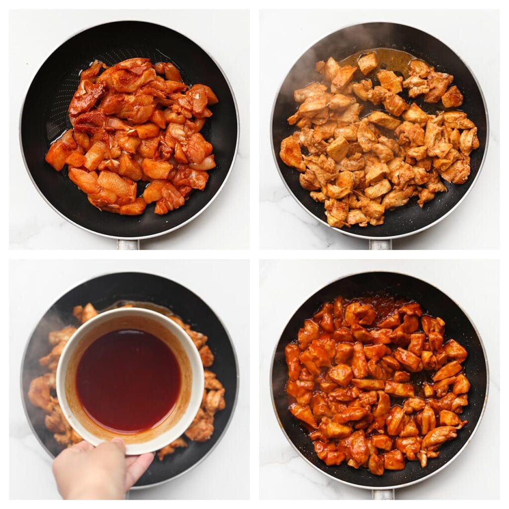 Verhit de olijfolie in een koekenpan op middelhoog vuur. Voeg de kip toe en bak 5-6 minuten. Voeg de saus toe en bak nog 1-2 minuten tot alles goed gemengd en licht gekarameliseerd is.