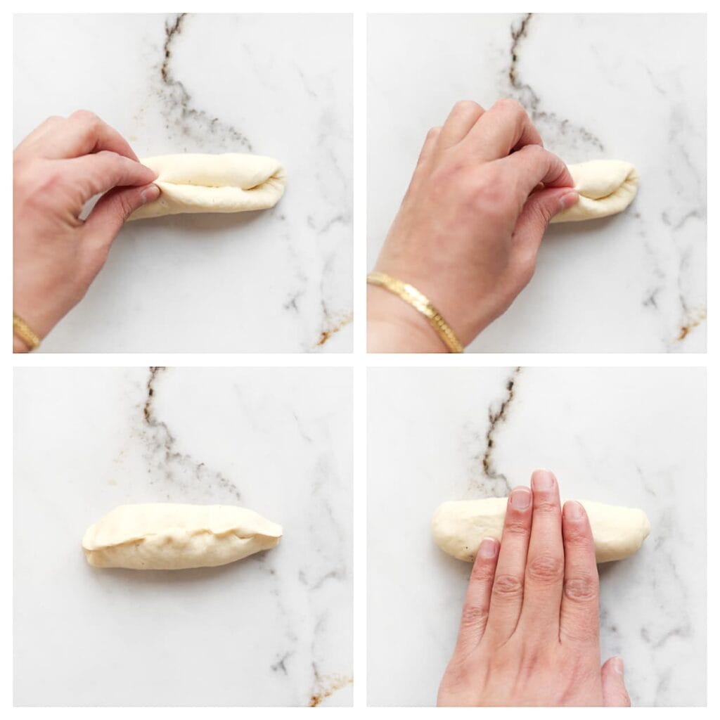 Druk de uiteinden stevig dicht en rol het deeg heen en weer om een gelijkmatige vorm te krijgen.