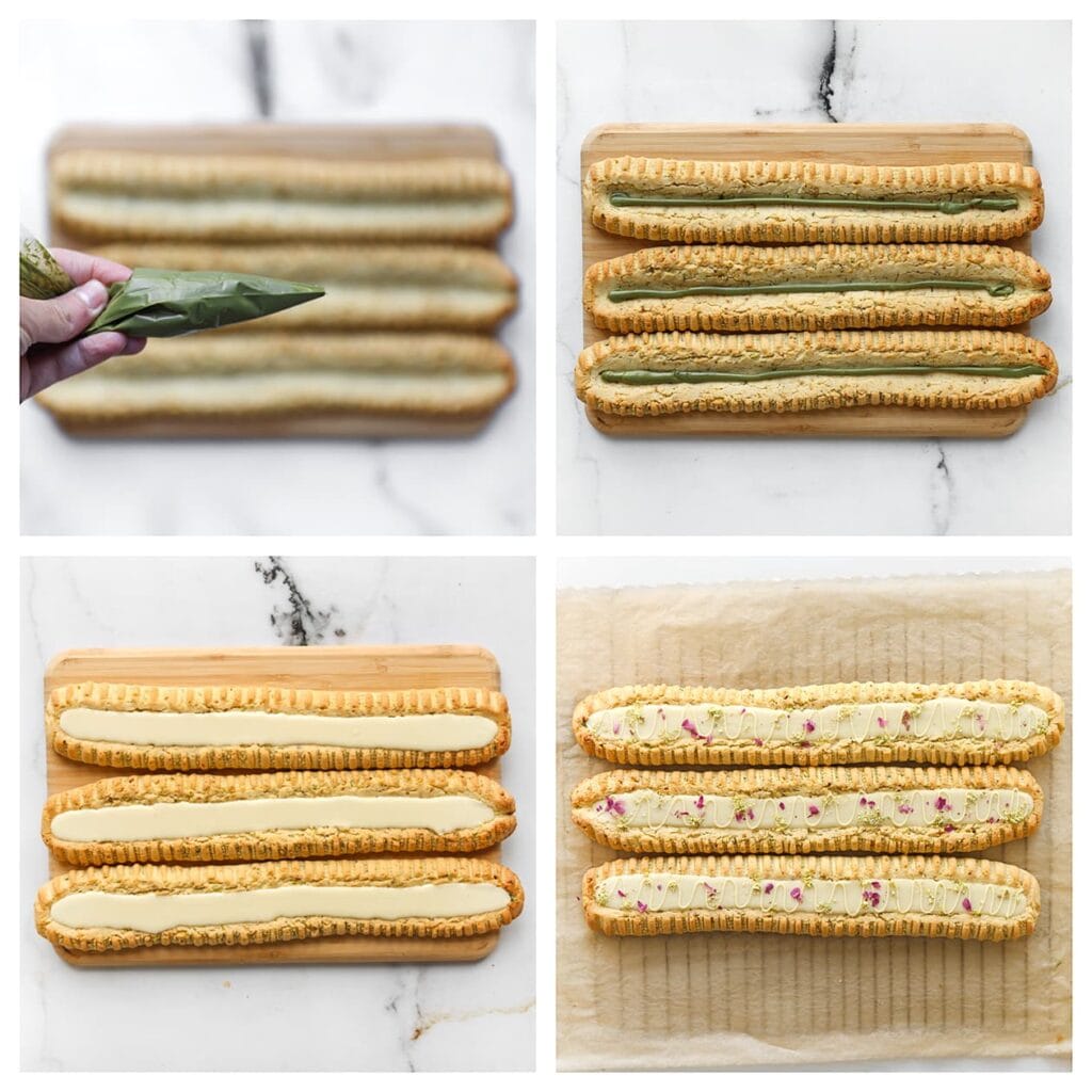 Spuit een laagje pistachepasta op de pistachekoekjes en vul deze met de witte chocolade. Garneer met gehakte pistachenoten en eetbare rozenblaadjes.