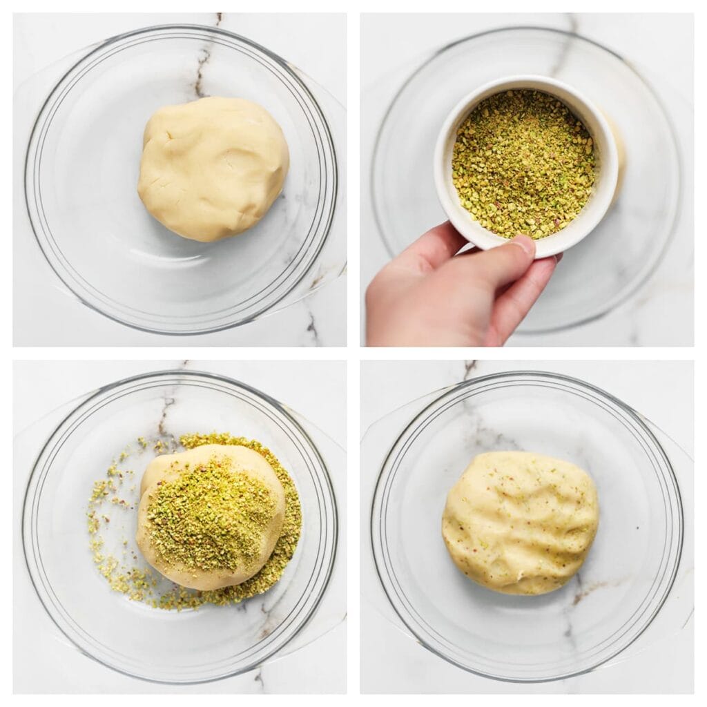 Neem het derde stuk van het koekjesdeeg en doe dit in een kom. Voeg de fijngemalen pistachenoten toe en kneed goed tot een geheel.