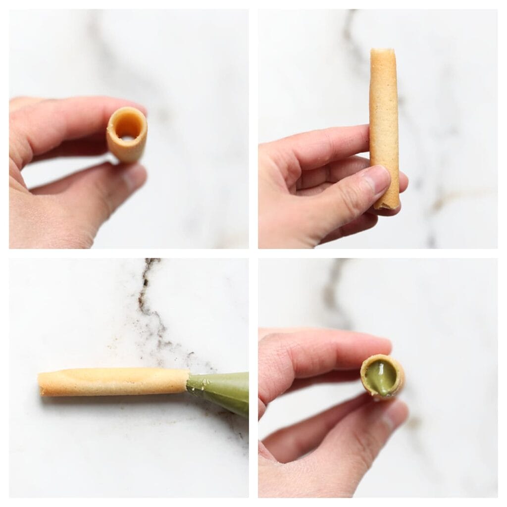 Vul de sigarenkoekjes door in de opening te spuiten. Herhaal dit proces voor alle koekjes.