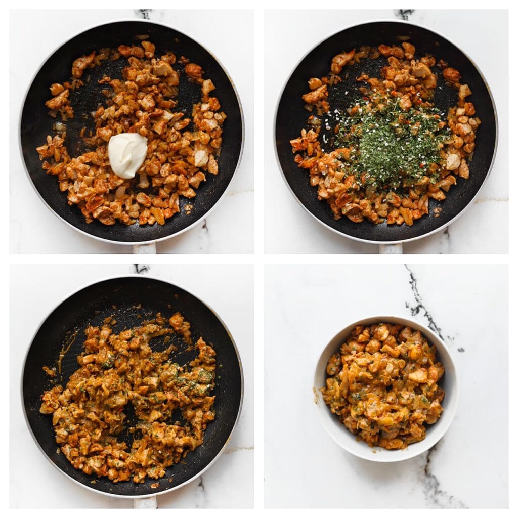 Haal de pan van het vuur en voeg de smeerkaas en Italiaanse kruiden toe. Meng goed en laat het kipmengsel volledig afkoelen.