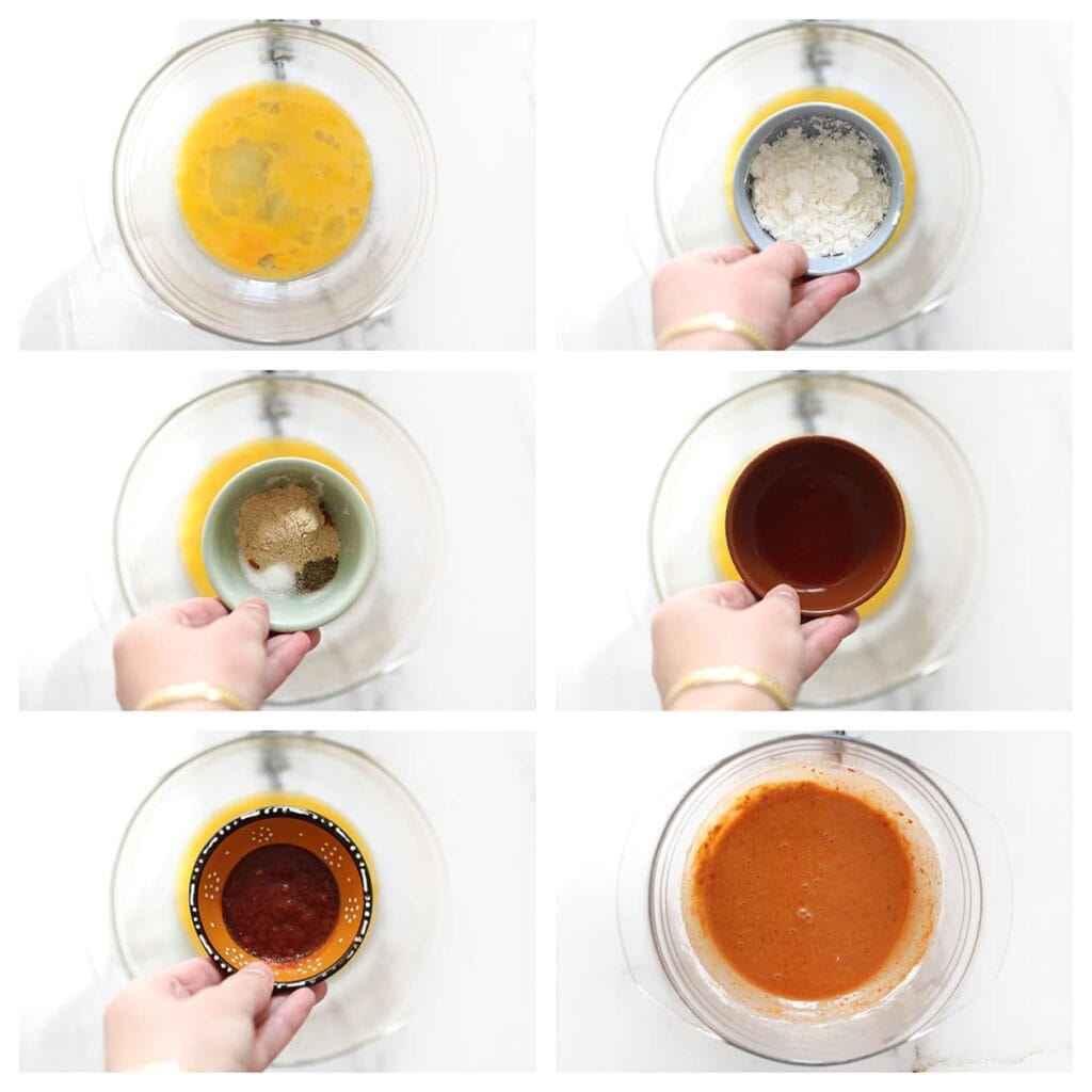 Kluts het ei en meng het in een kom met maïzena, het zout, knoflookpoeder, uienpoeder, de zwarte peper, cayennepeper, hot chilisaus en sambal oelek.