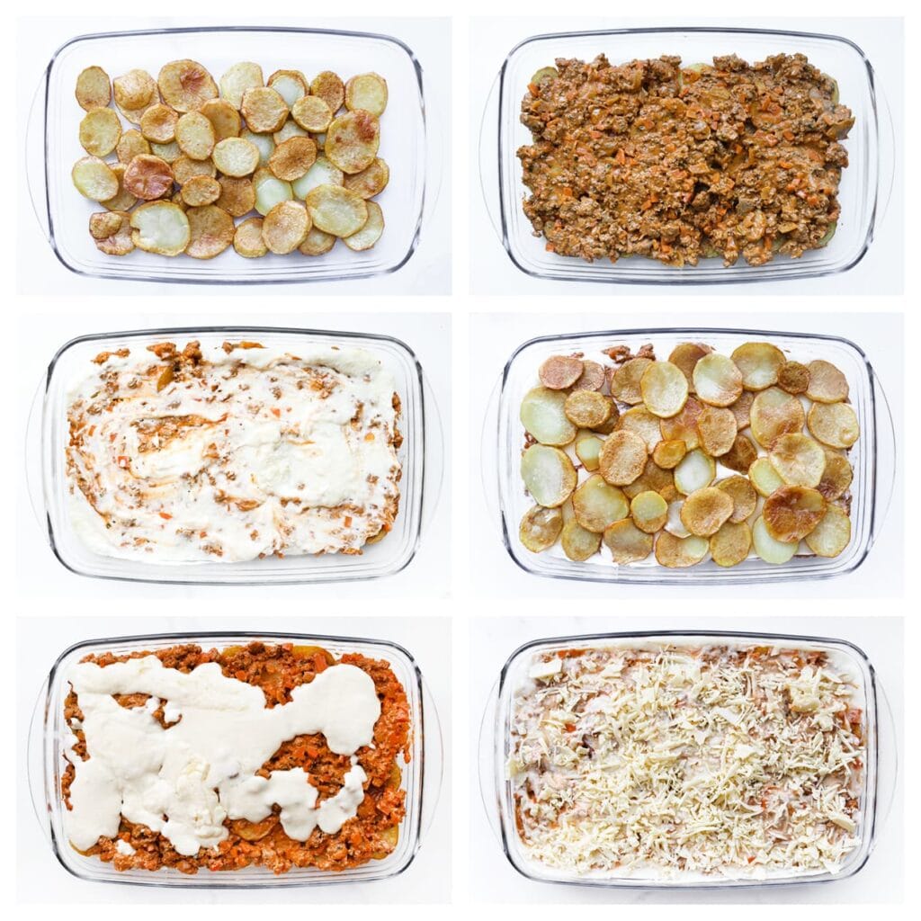 Verdeel de helft van de aardappelplakjes over een ovenschaal. Schep hier de helft van het gehaktmengsel over. Giet de helft van de kaassaus erover. Herhaal deze lagen met de resterende aardappelplakjes, gehakt en saus. Bestrooi de bovenkant met geraspte jonge kaas.