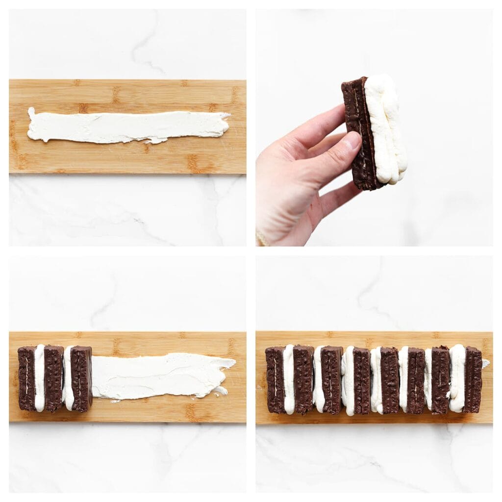Spuit een dun laagje room op een serveerplaat. Neem een chocoladecakeje, smeer hier een laagje room op en plaats er een ander cakeje bovenop. Herhaal dit voor de rest en plaats de gevulde cakejes naast elkaar in een rechte rij.