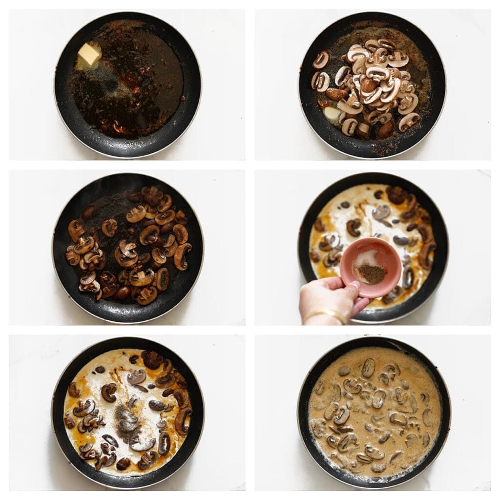 Verhit in dezelfde pan de overige 40 gram roomboter. Voeg de plakjes champignon toe en bak 3–4 minuten. Voeg de slagroom, het zout en de zwarte peper toe. Kook 5–7 minuten, of tot de saus is ingedikt.