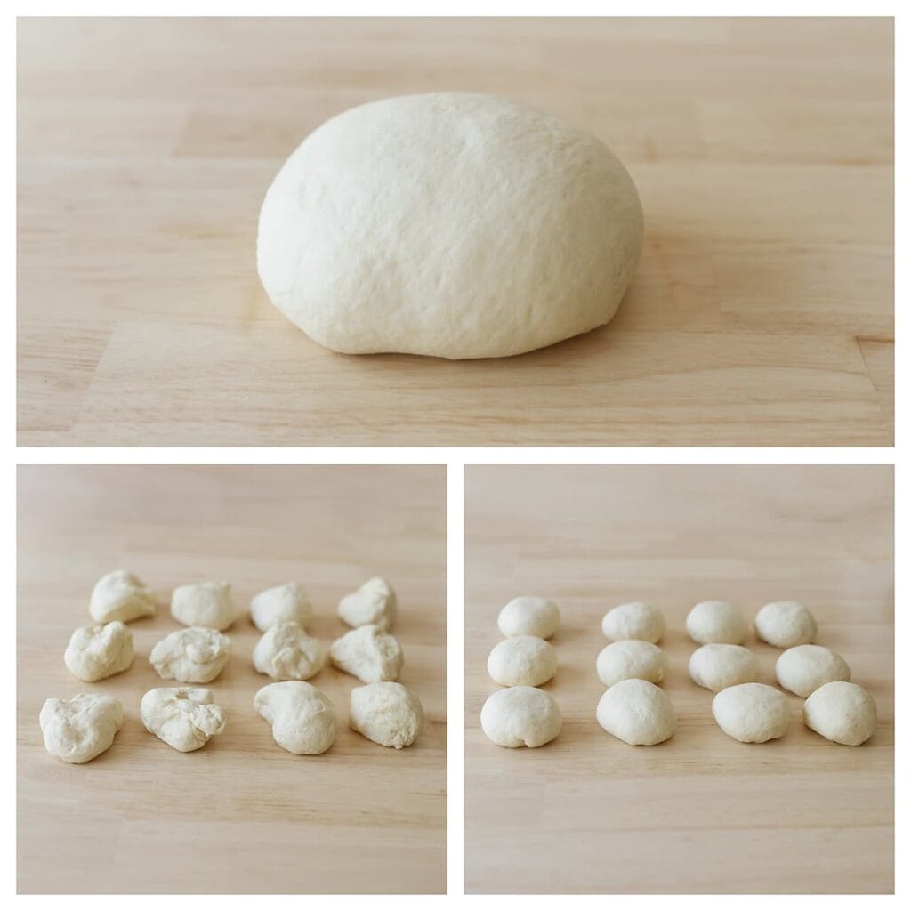 Druk na het rijzen de lucht uit het deeg en verdeel het in 12 gelijke stukken (±70 g per stuk). Vorm tot bollen.