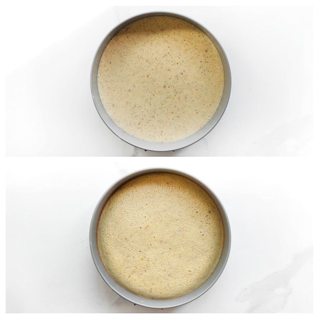 Giet 400 gram van het cakebeslag in een springvorm met bakpapier. Zet de cake in een voorverwarmde heteluchtoven op 175 ℃. Bak 10 minuten.