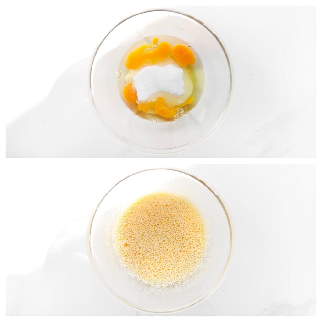 Breek de eieren boven een diepe kom en voeg de kristalsuiker en vanillesuiker toe. Mix 5–7 minuten tot het mengsel lichtgeel en luchtig is.