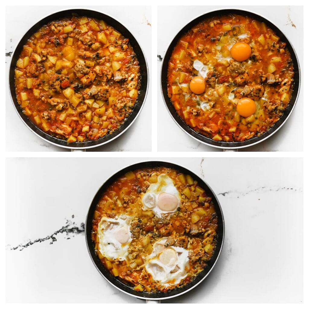 Breek de eieren boven de pan en laat ze garen. Serveer het gerecht direct.