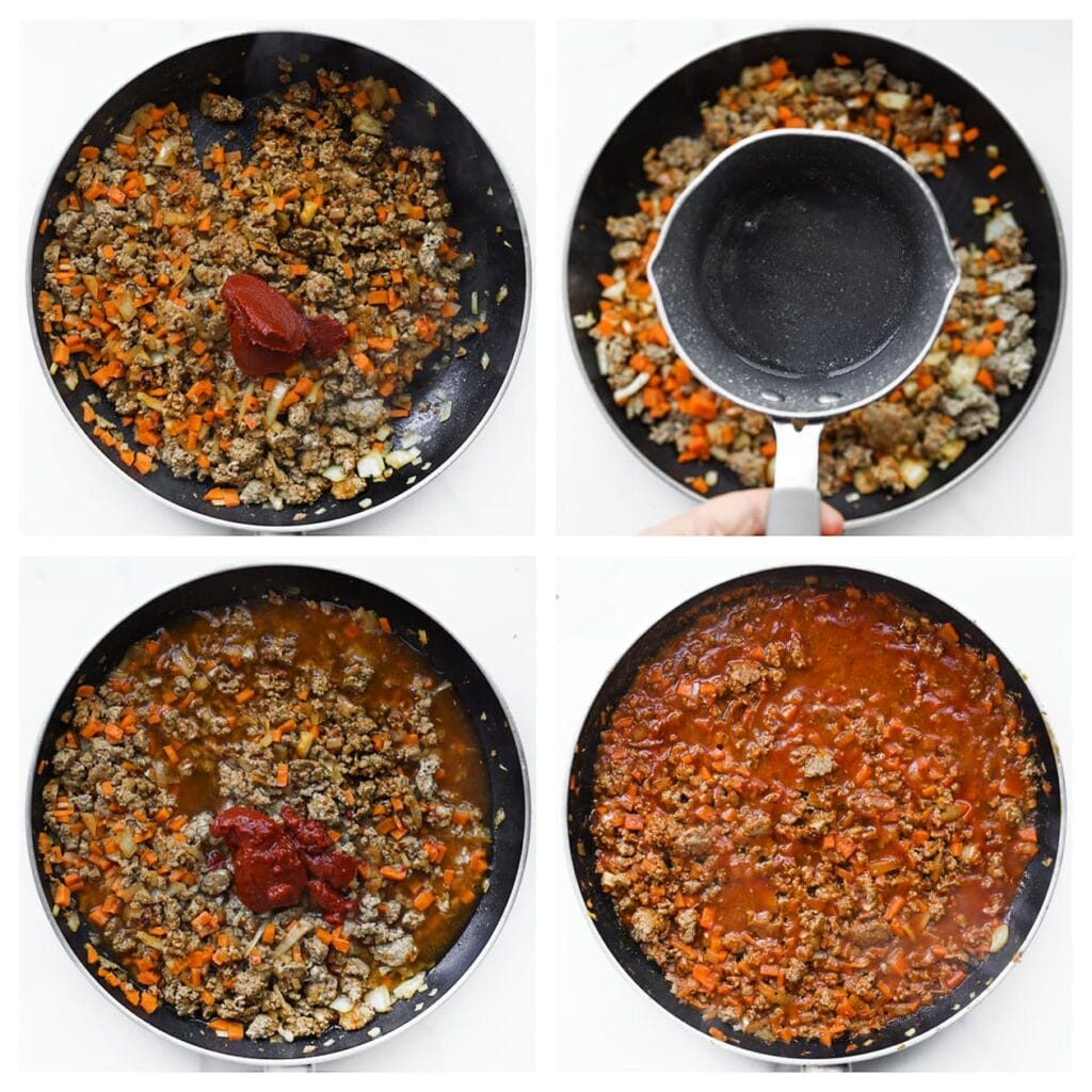 Voeg de tomatenpuree en het water toe en laat het geheel 4–5 minuten koken.