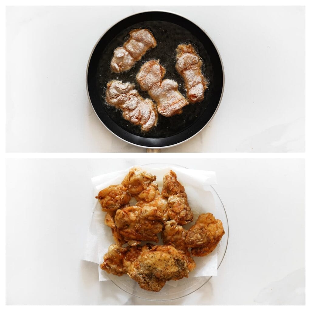 Verhit een laagje zonnebloemolie in een koekenpan tot 175 °C en bak de kip aan beide kanten goudbruin en gaar. Laat uitlekken op een vel keukenpapier.