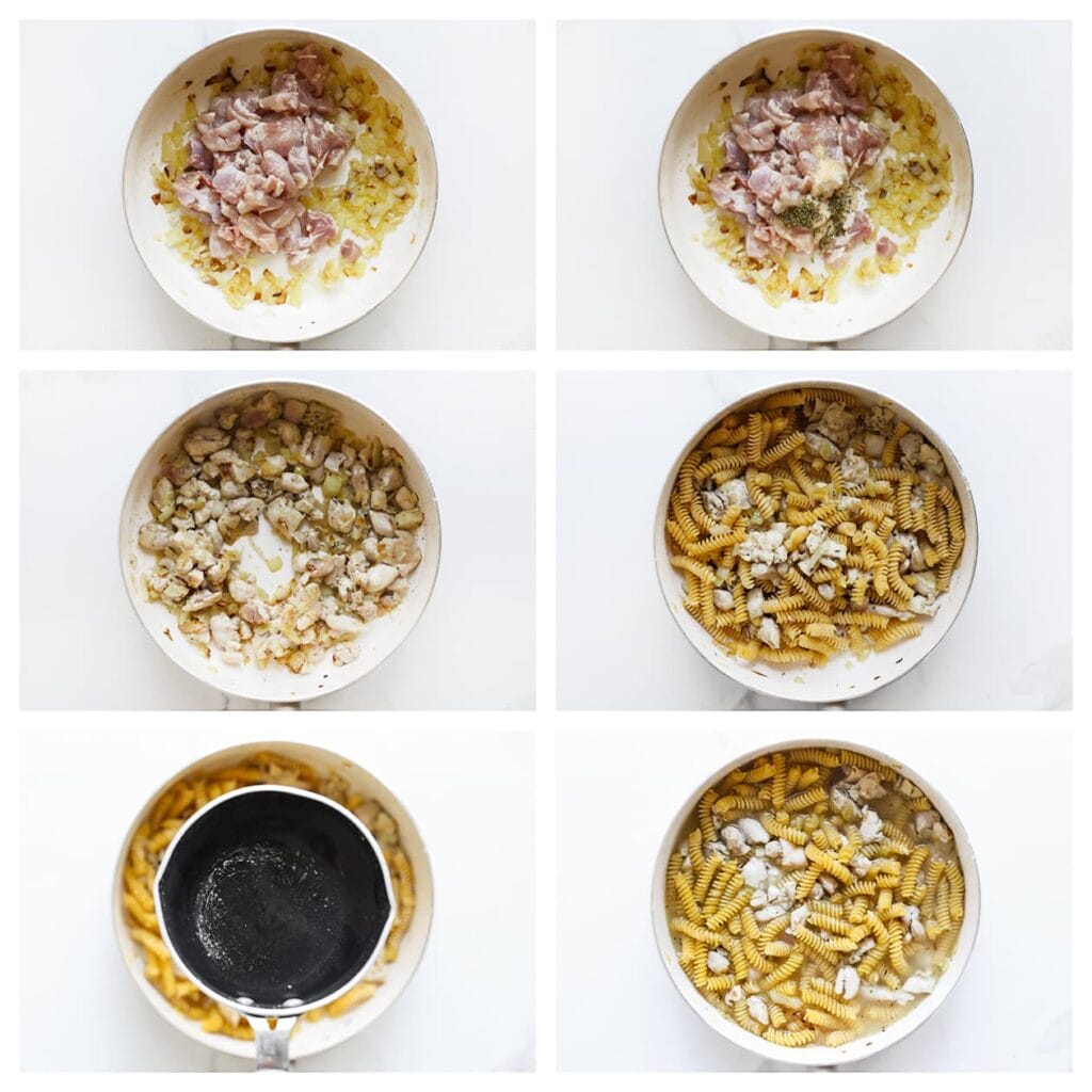 Voeg de stukjes kippendijen, knoflookpoeder, cayennepeper, uienpoeder, zwarte peper, Italiaanse kruiden en het verkruimelde kippenbouillonblokje toe. Bak 5-6 minuten. Voeg de spirelli en het gekookte water toe. Roer goed door en kook 7-10 minuten.