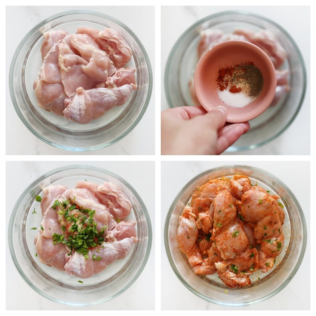 Was en snijd de kippendijen in stukjes. Voeg het zout, uienpoeder, knoflookpoeder, cayennepeper, zwarte peper en de gehakte peterselie toe. Meng goed.