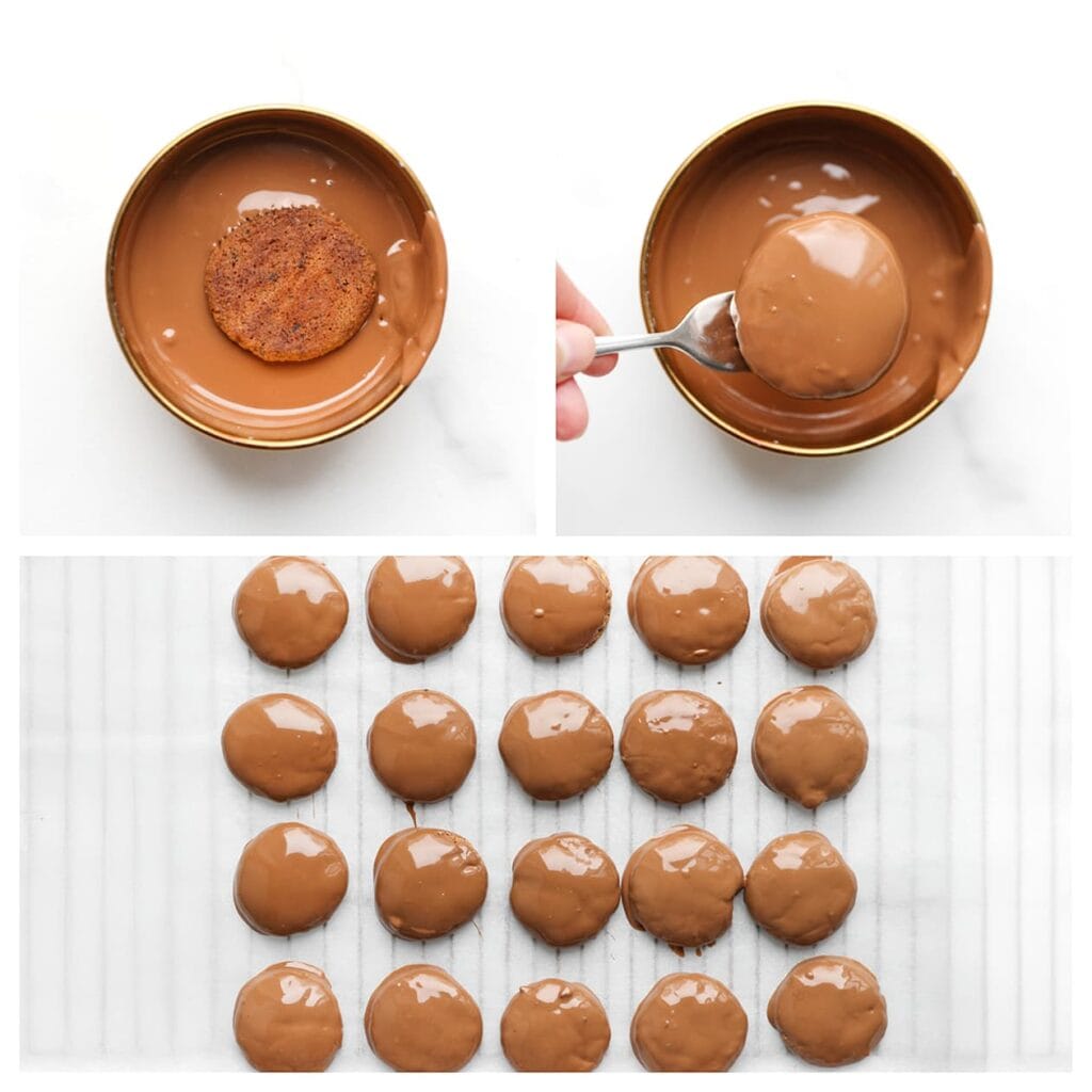 Haal de afgekoelde walnotenkoekjes &eacute;&eacute;n voor &eacute;&eacute;n door de gesmolten melkchocolade en leg ze op een vel bakpapier.