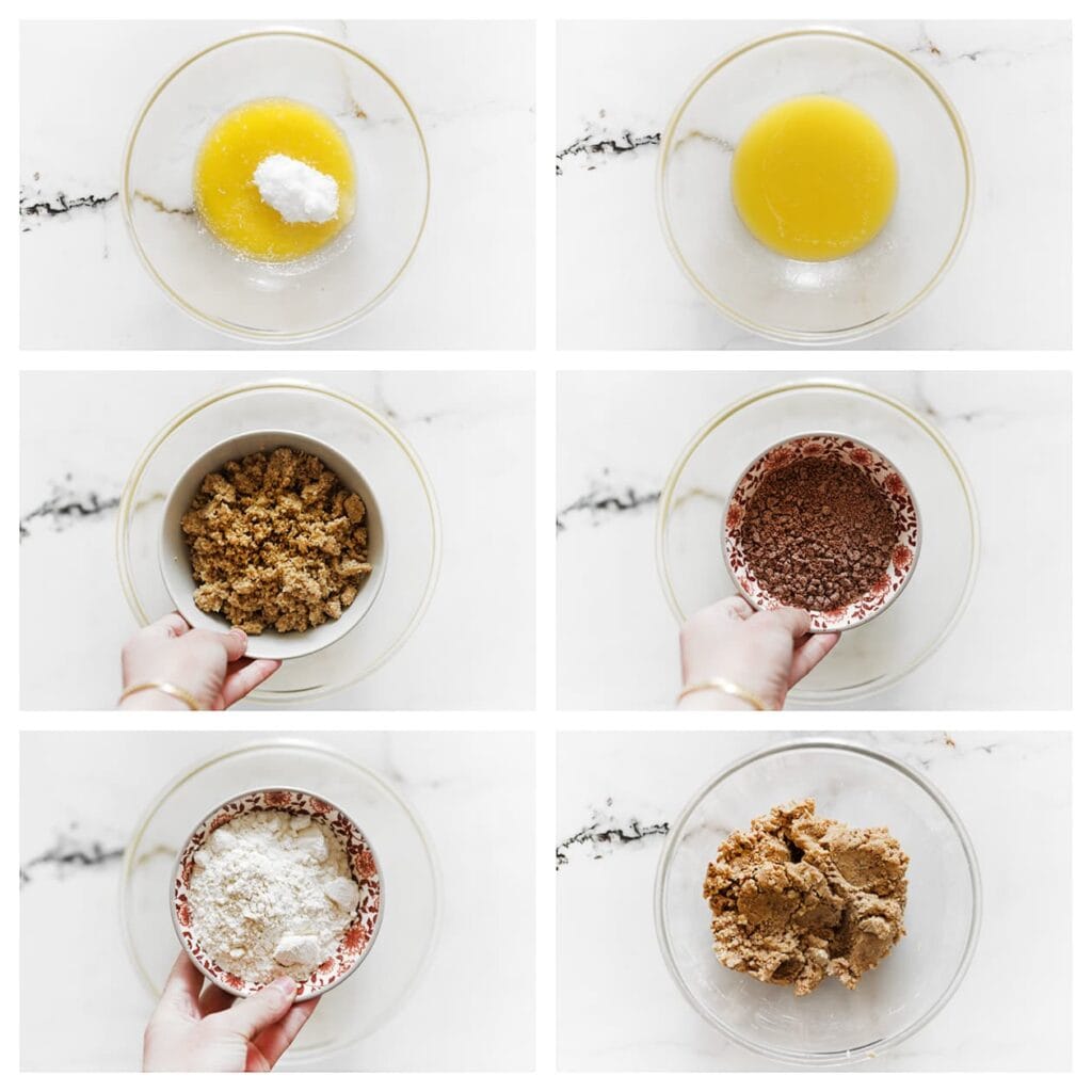 Doe de afgekoelde roomboter, vanillesuiker en suiker in een kom en meng goed. Voeg de gemalen walnoten, melkchocolade, bloem en het bakpoeder toe. Kneed tot een samenhangend koekjesdeeg.