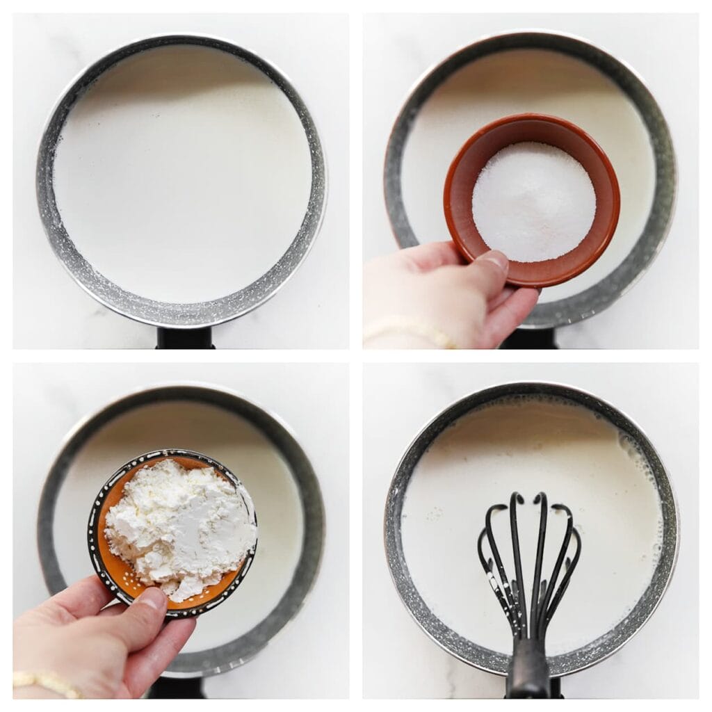 Maak ondertussen het pistachemengsel: Verhit de melk samen met de kristalsuiker, vanillesuiker en maïzena in een pan op middelhoog vuur. Roer voortdurend met een garde tot het mengsel indikt.