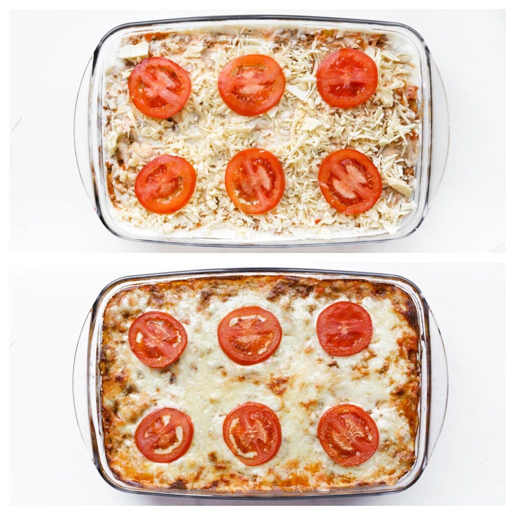 Verdeel plakjes tomaat erover. Plaats de ovenschaal in een voorverwarmde oven op 200 °C en bak 10–12 minuten, of tot de bovenkant mooi goudbruin is.