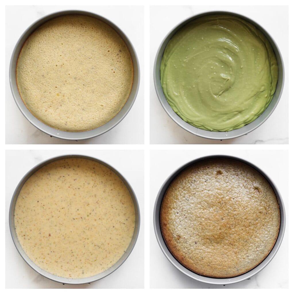 Haal de cake na 10 minuten voorzichtig uit de oven. Spuit het pistachemengsel gelijkmatig over de cake. Giet het resterende cakebeslag erover. Zet de cake terug in de oven en bak nog 30 minuten op 175 °C, of tot de cake gaar is (houd de baktijd goed in de gaten; elke oven werkt anders). Laat de cake volledig afkoelen.