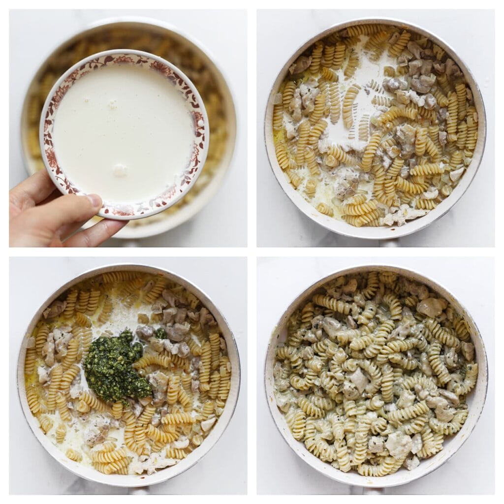 Schenk de ongeklopte slagroom erbij en voeg de groene pesto en het zout toe. Meng goed en laat 5 minuten zachtjes koken, of tot de saus is ingedikt.