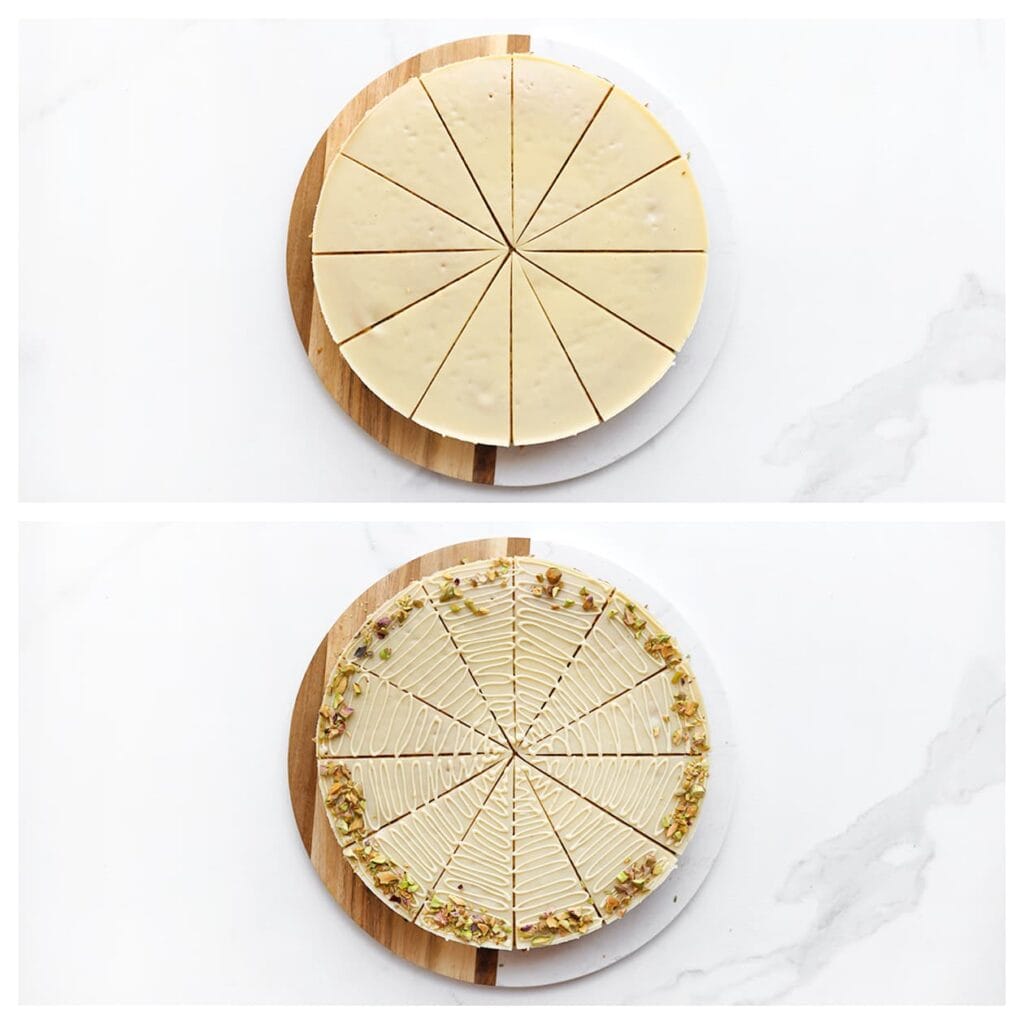 Snijd de cake in punten. Garneer elk puntje met lijntjes gesmolten witte chocolade en bestrooi met fijngehakte pistachenoten.