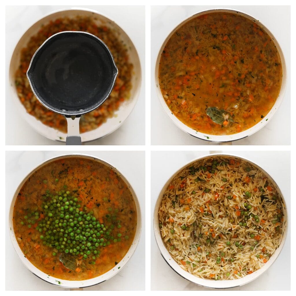 Giet het gekookte water erbij en voeg de doperwten toe. Roer en breng aan de kook. Zet het vuur laag, dek de pan af en laat 10 minuten zachtjes koken, of totdat de rijst al het water heeft opgenomen.