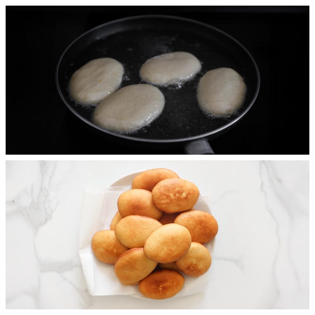 Verhit een laagje zonnebloemolie in een koekenpan tot 175 &deg;C. Bak de donuts aan beide kanten goudbruin. Laat ze uitlekken op keukenpapier.