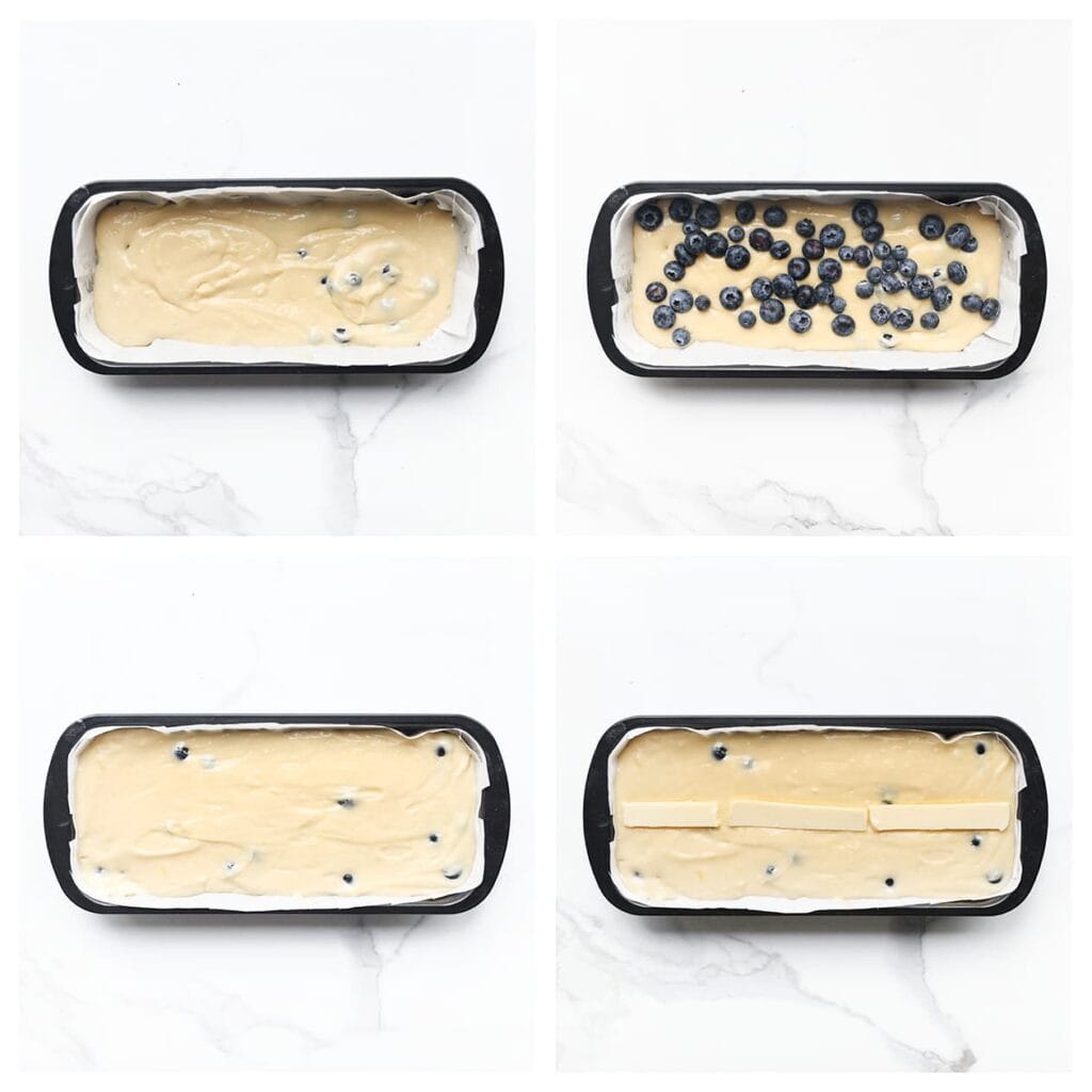 Giet de helft van het beslag in een met bakpapier beklede cakevorm en strijk glad. Verdeel de resterende bosbessen over het beslag. Schep de rest van het beslag erbovenop en strijk opnieuw glad. Snijd de extra roomboter (35 g) in plakjes en leg deze bovenop het beslag. Dit zorgt voor een extra smeu&iuml;ge bovenlaag tijdens het bakken.