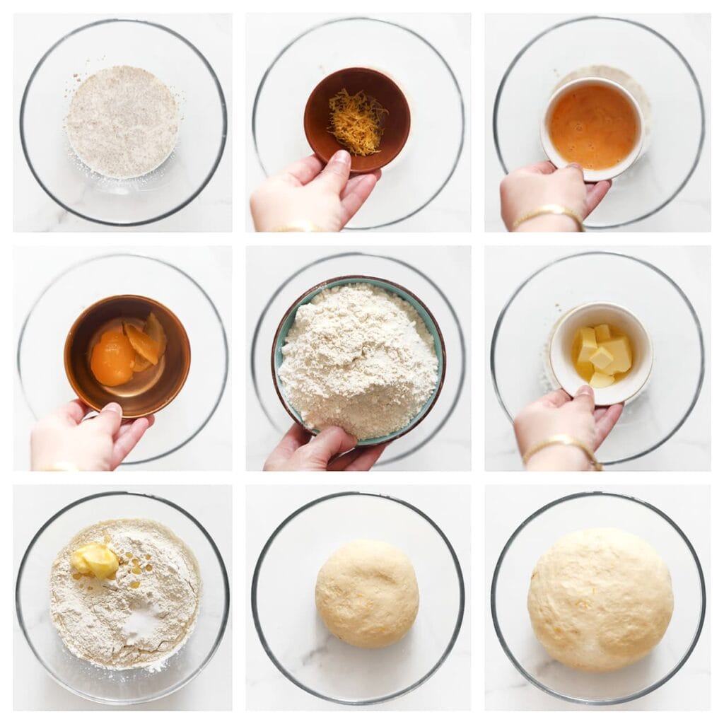 Voeg de citroenrasp en het geklutste ei toe. Meng goed. Voeg de lemon curd, bloem, het zout en de roomboter toe. Kneed 10-12 minuten tot een samenhangend deeg. Dek af en laat 1 uur rijzen, of totdat het in omvang is verdubbeld.