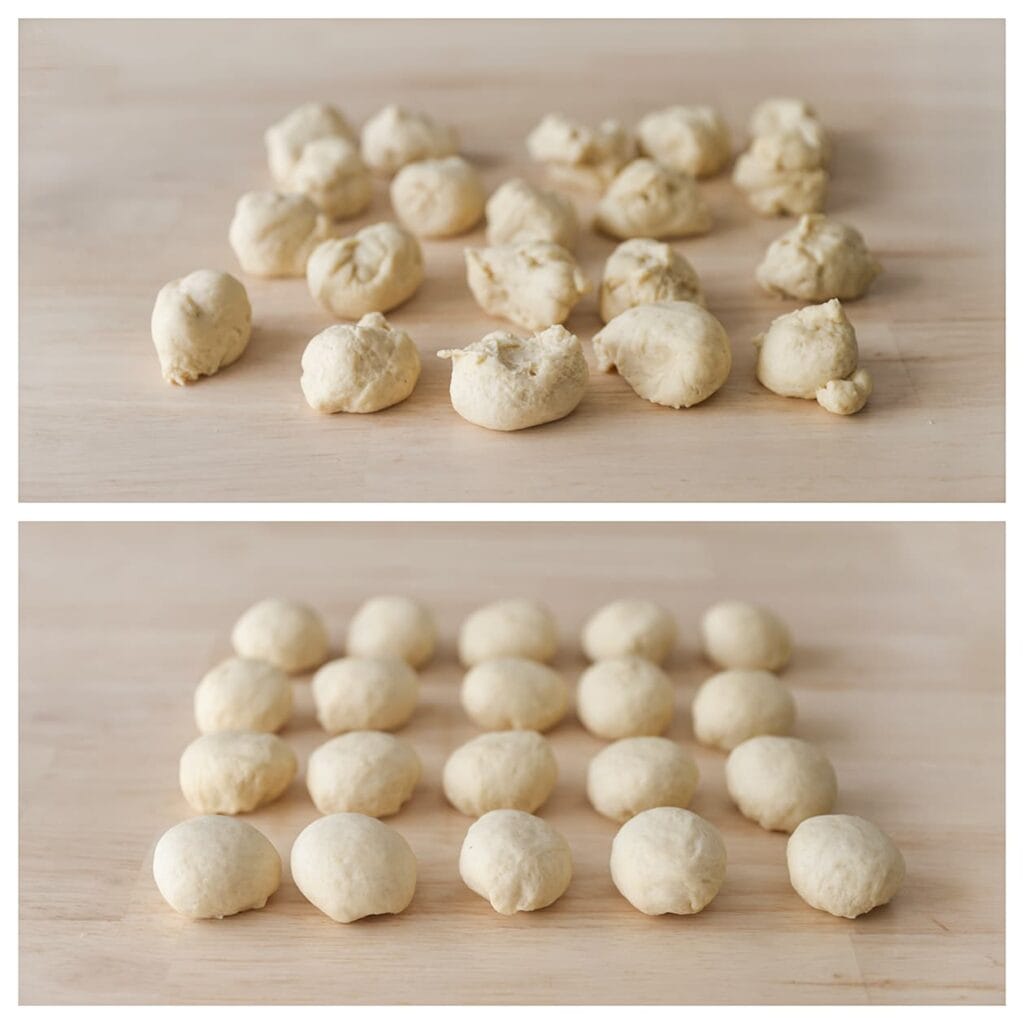 Druk de lucht uit het deeg en verdeel in 20 gelijke porties (35 gram per stuk). Vorm tot bollen.