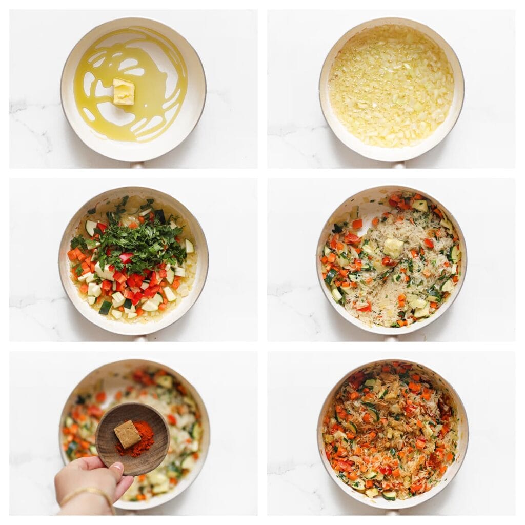 Verhit de roomboter (25 g) en olijfolie (35 ml) in een ruime hapjespan op middelhoog vuur. Voeg de ui toe en bak deze in 3–4 minuten glazig. Voeg daarna de wortel, paprika, courgette, peterselie en rijst toe. Meng goed. Verkruimel het bouillonblokje erboven en voeg cayennepeper, zwarte peper en zout toe. Bak 2–3 minuten.