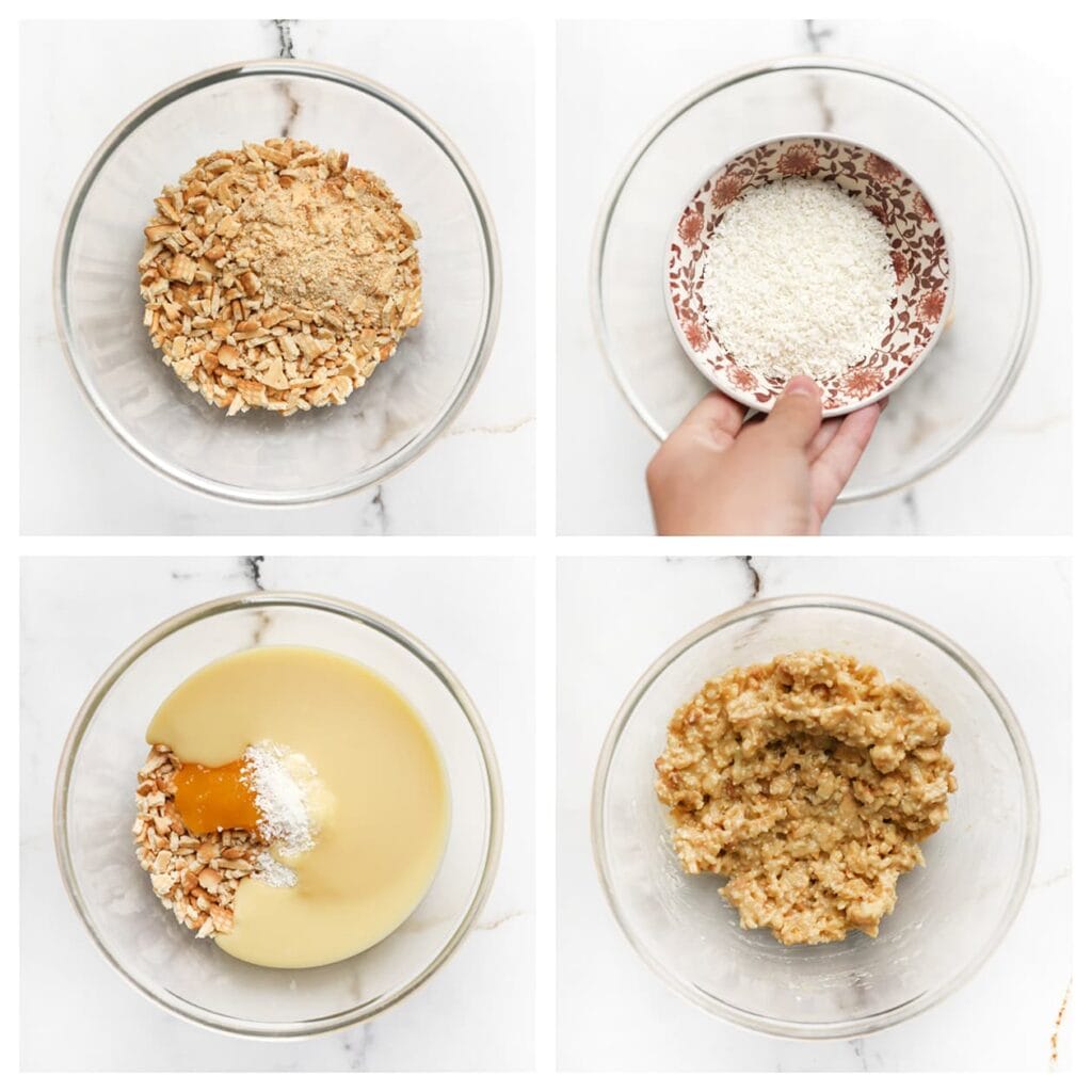 Voeg de geraspte kokos, lemon curd (50 g) en de afgekoelde ganache toe aan de koekkruimels. Meng tot een geheel.