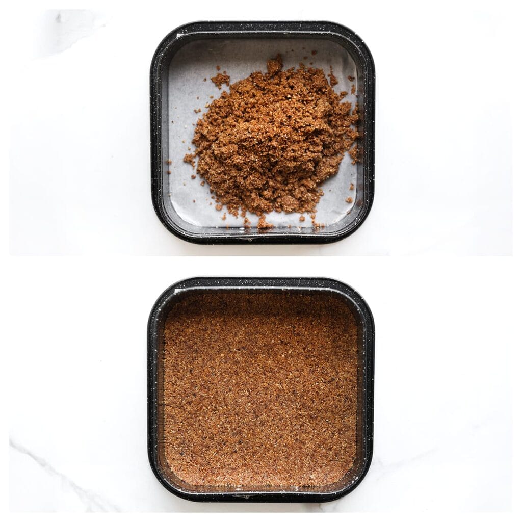 Verdeel het koekjesdeeg over de bodem van een met bakpapier beklede springvorm en druk goed aan met de achterkant van een lepel. Zet in de koelkast.