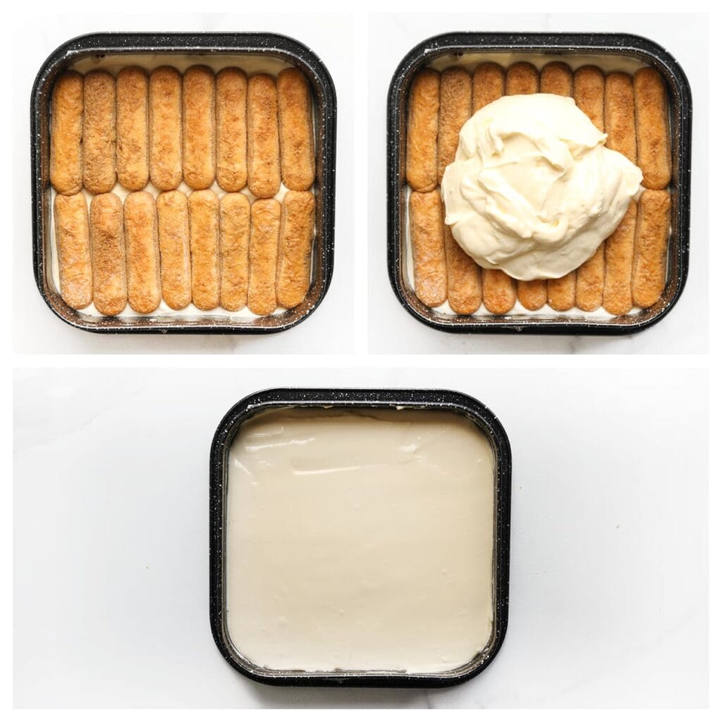 Verdeel de lange vingers over het beslag. Voeg het resterende beslag toe en strijk glad.