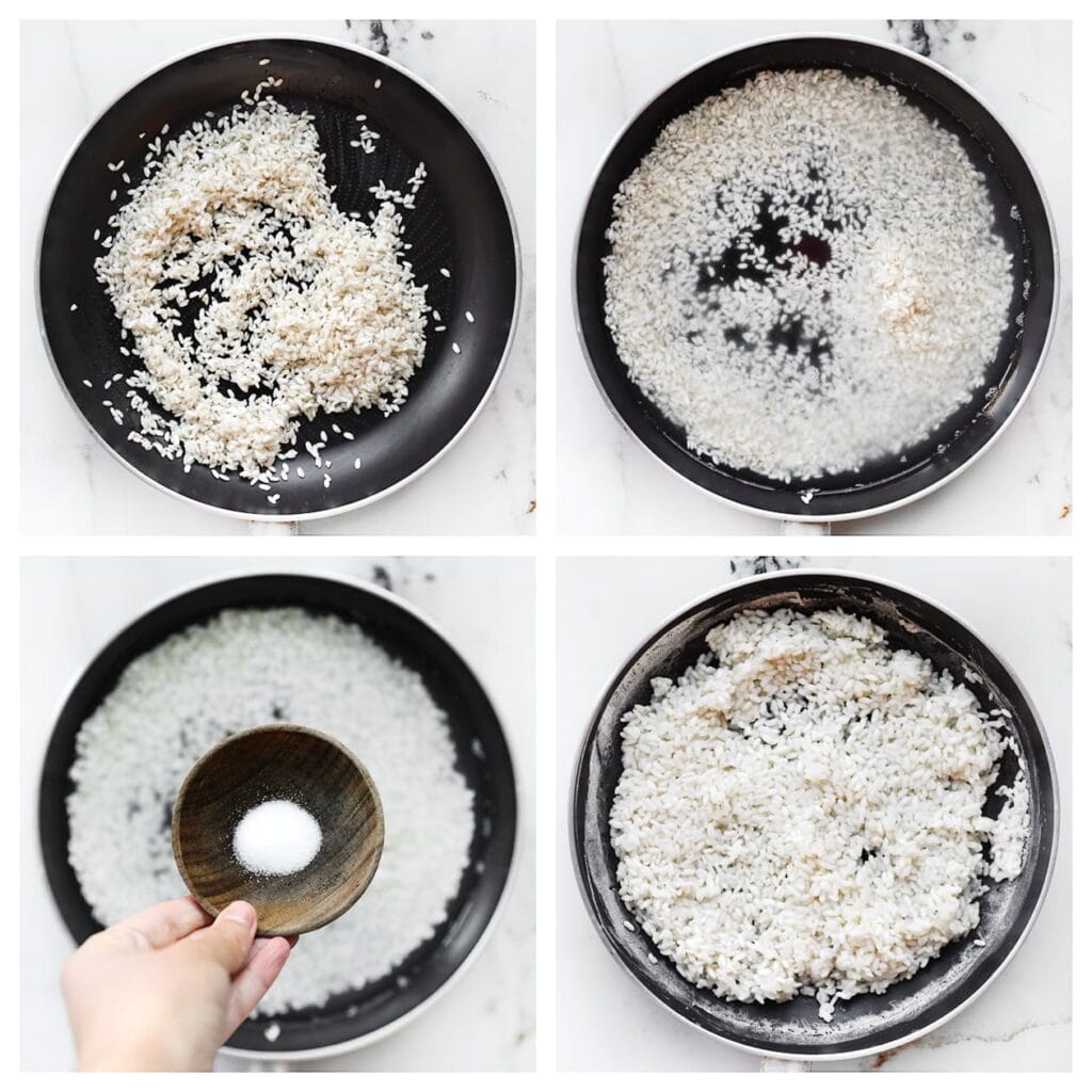 Was de rijst grondig tot het spoelwater helder is. Doe de rijst in een pan met dikke bodem, voeg het water en zout toe. Breng afgedekt aan de kook op hoog vuur. Zodra het water begint te schuimen, zet je het vuur laag. Kook 15 minuten. Zet daarna het vuur uit, maar laat de deksel op de pan. Laat de rijst rusten en afkoelen tot kamertemperatuur.