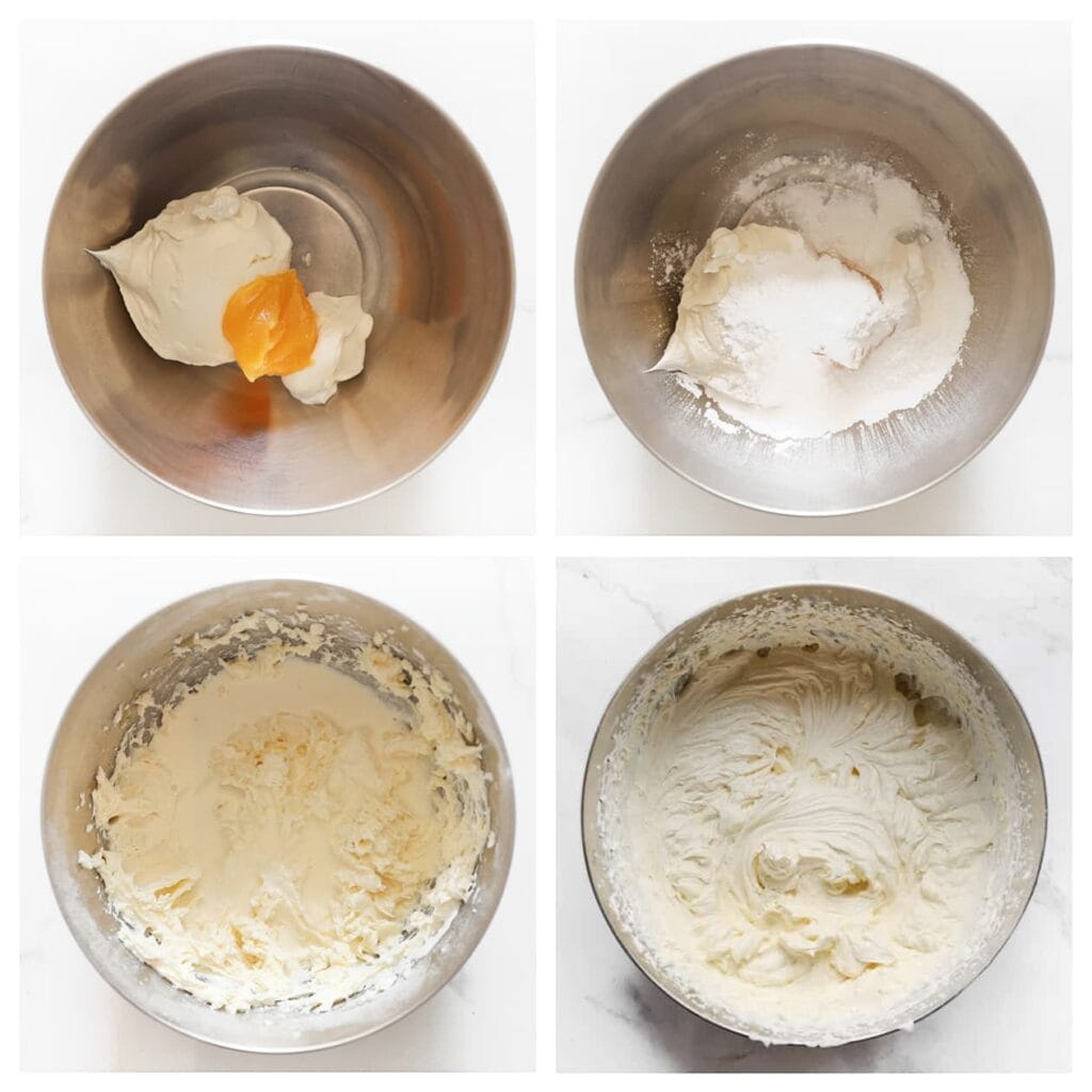 Doe de mascarpone, lemon curd, Klopfix, poedersuiker en vanillesuiker in een kom. Mix 1 minuut. Voeg geleidelijk de ongeklopte slagroom toe terwijl je blijft mixen tot de room stevig en luchtig is.