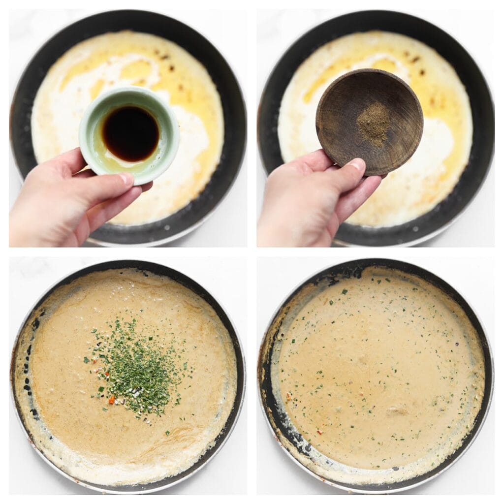 Gebruik dezelfde pan (zonder af te wassen). Voeg de ongeklopte slagroom, sojasaus en zwarte peper toe. Laat 5–7 minuten koken tot de saus iets is ingedikt. Voeg als laatste de salade kruiden toe en roer goed door.