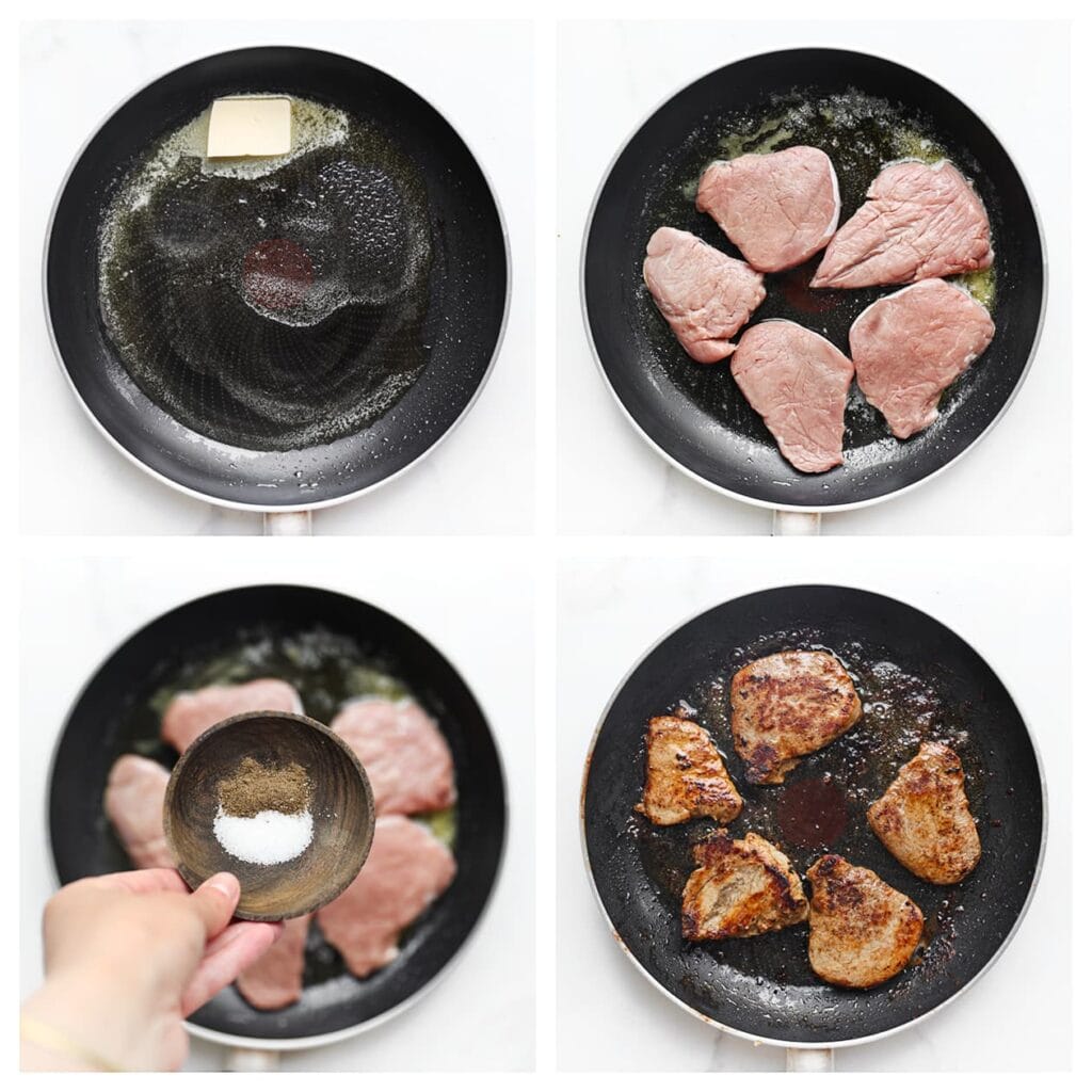 Verhit in een koekenpan de roomboter (40 g) met olijfolie (20 ml) op middelhoog vuur. Leg de ossenhaas in de pan en bestrooi met zout en zwarte peper. Bak het vlees 1–2 minuten per kant, tot er een goudbruine korst ontstaat. Lepel tijdens het bakken de gesmolten boter over het vlees. Haal het vlees uit de pan en leg opzij.