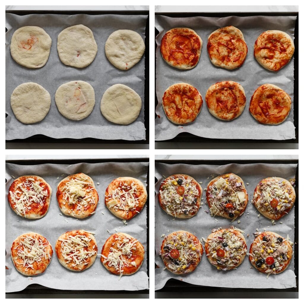 Leg het deeg op een met bakpapier beklede bakplaat. Bestrijk met tomatenpuree, strooi er geraspte kaas over en garneer met het tonijnmengsel. Voeg eventueel een plakje snoeptomaat toe. Laat de mini pizza&rsquo;s 30 minuten rijzen.