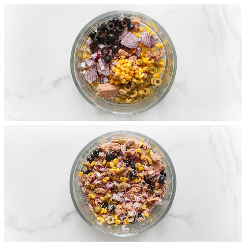 Meng intussen de tonijn met de fijngesnipperde rode ui, ma&iuml;s en in plakjes gesneden groene en zwarte olijven in een kom. Zet opzij.