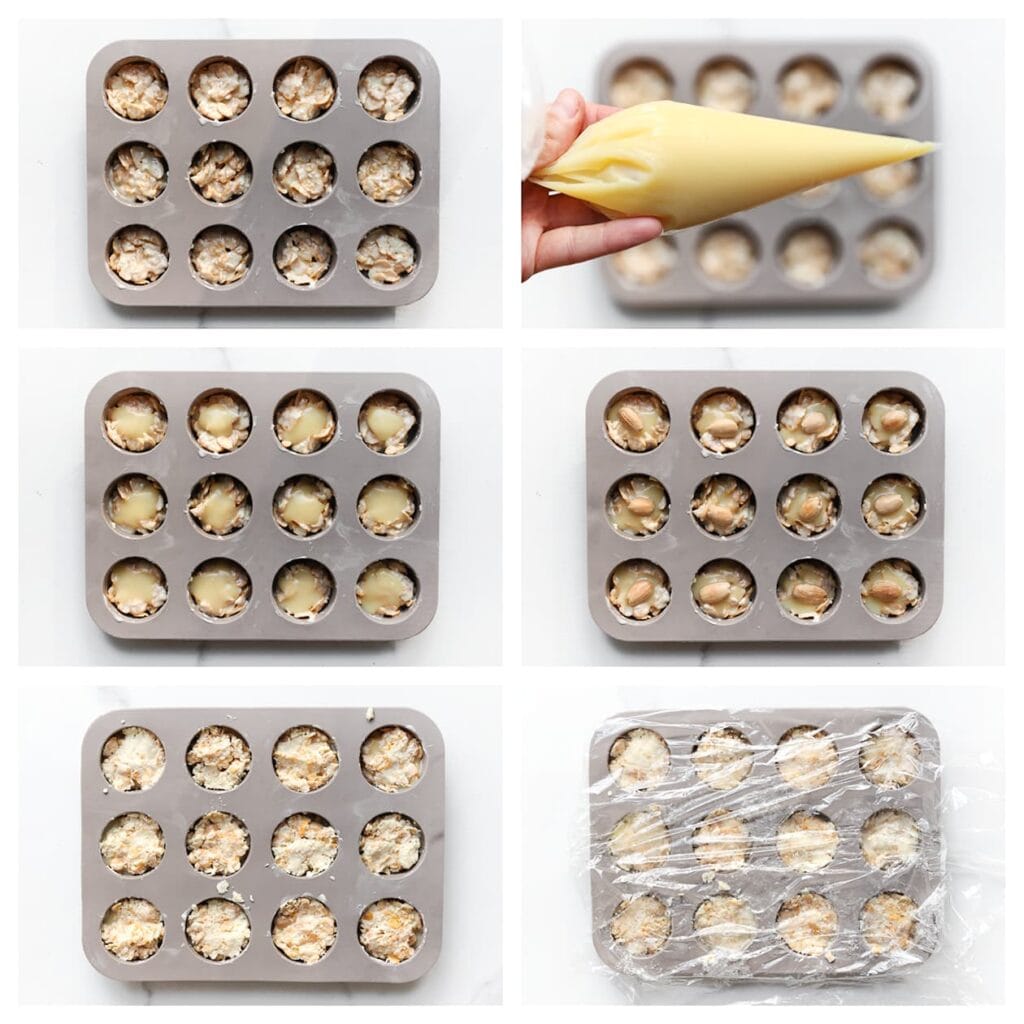 Neem een siliconenvorm. Verdeel een laagje van het cornflakesmengsel over de bodem en druk goed aan. Spuit een laagje ganache op het mengsel en leg er een gebakken amandel op. Bedek met nog een laag van het cornflakesmengsel en strijk glad. Dek af en laat 4&ndash;5 uur opstijven in de koelkast, bij voorkeur een hele nacht.