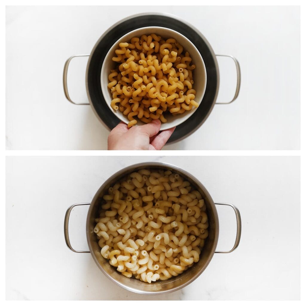 Breng een pan met ruim water aan de kook. Voeg zout en eventueel een scheutje olie toe. Doe de pasta in de pan en roer na een paar minuten even door om plakken te voorkomen. Kook de pasta in 8–11 minuten gaar, giet af en laat goed uitlekken. Laat afkoelen.