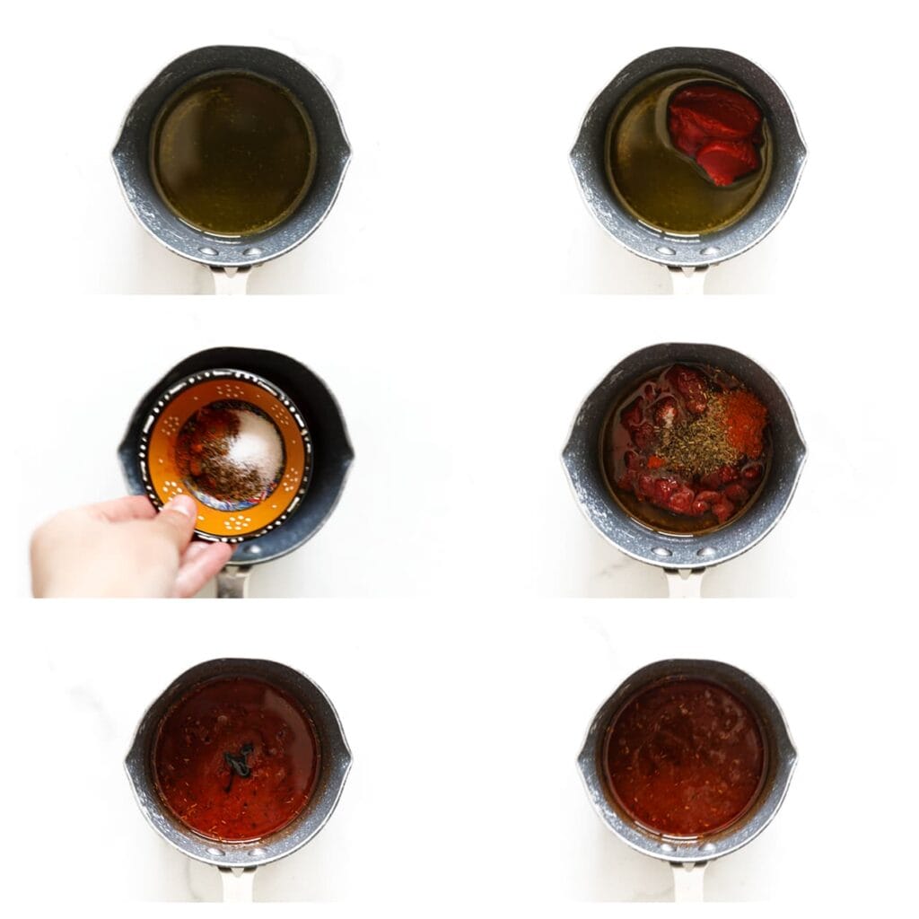 Meng de olijfolie, tomatenpuree, het water, citroensap, de Italiaanse kruiden en zwarte peper in een kom. Roer goed tot een gladde saus ontstaat.