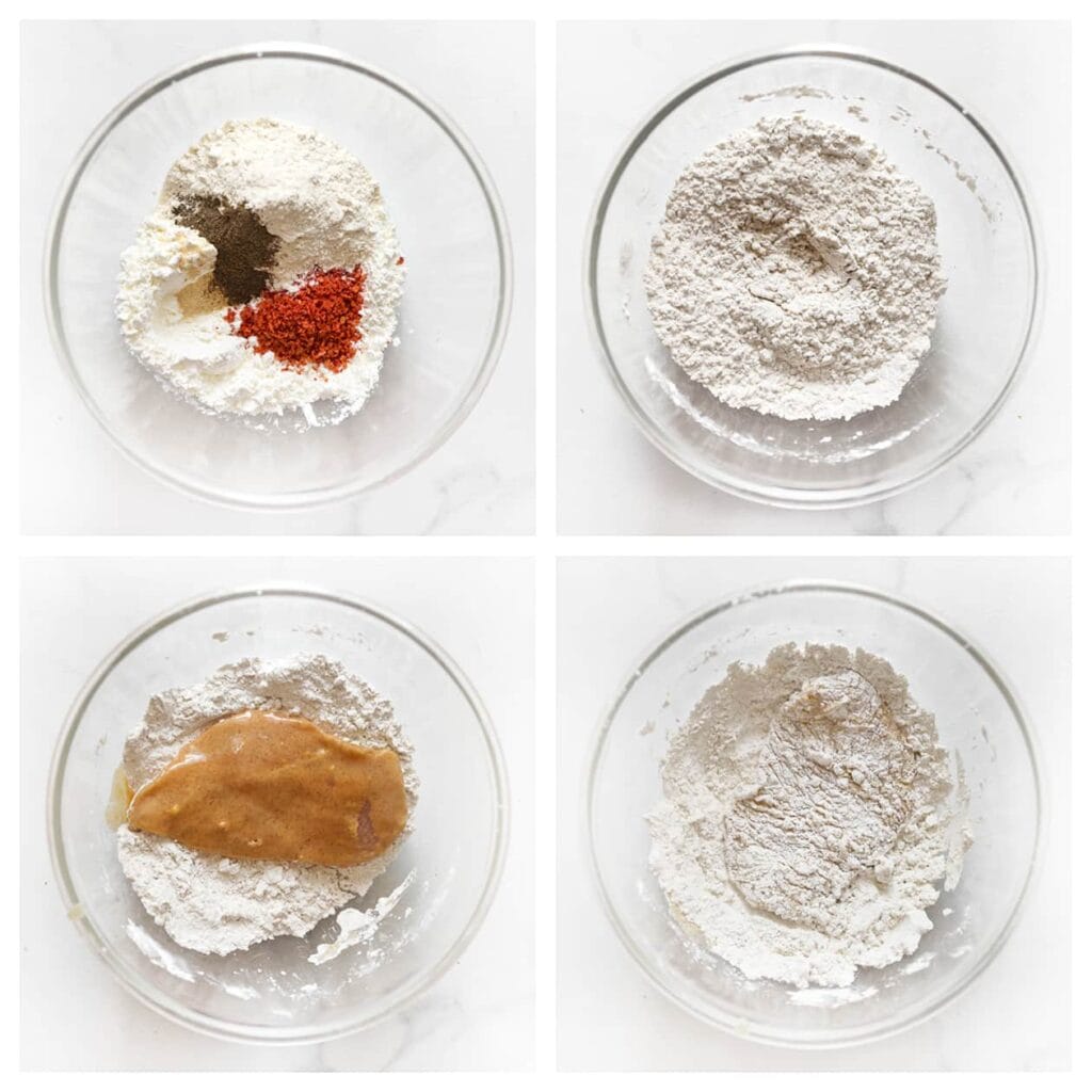 Meng voor de bloemmix: maïzena, bloem, fijngehakte Takis, het zout, uienpoeder en de zwarte peper in een kom. Haal de gemarineerde kip één voor één door het bloemmengsel en leg op een vel bakpapier.